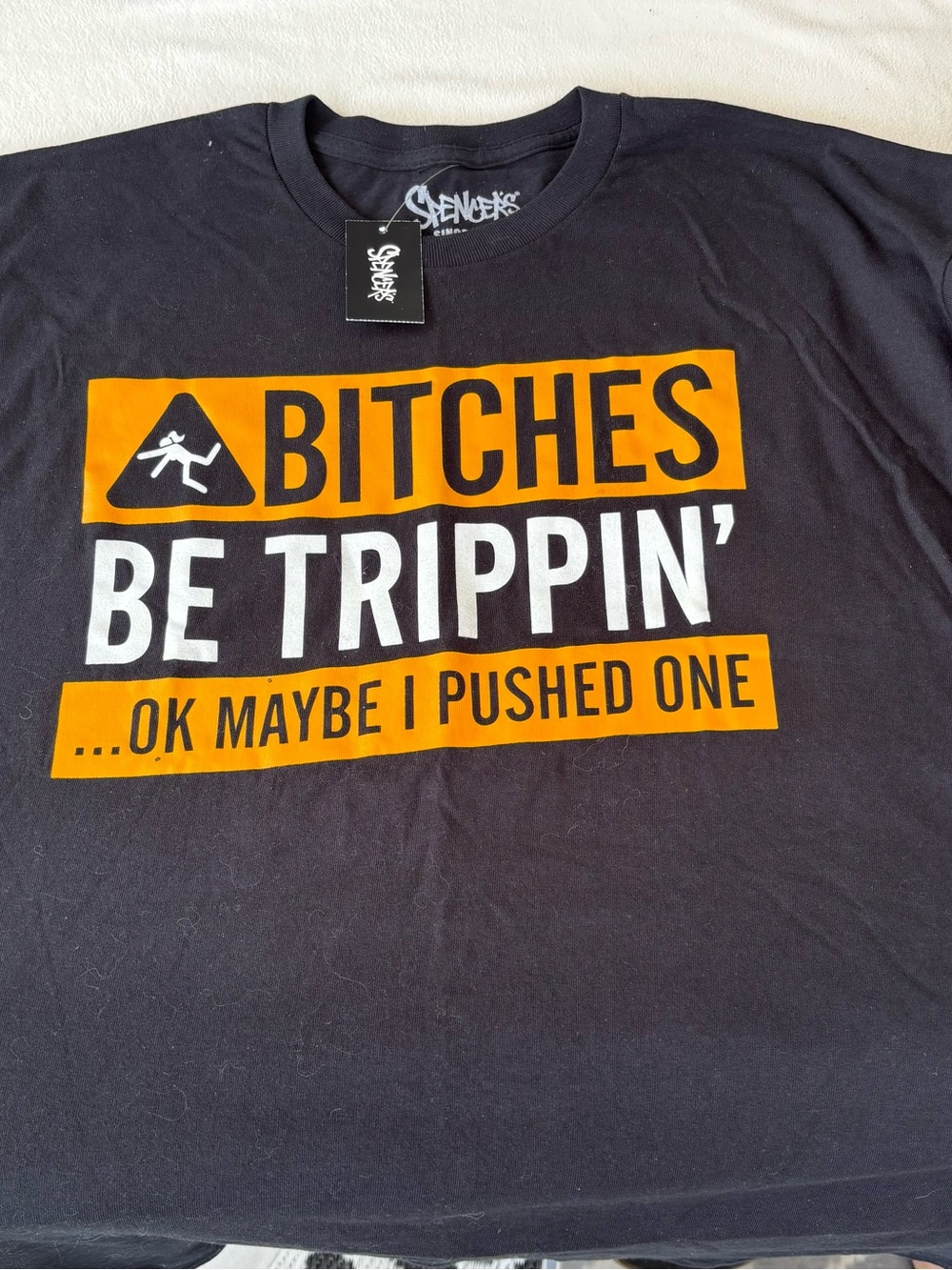 Spencer's Black T‑Shirt with Orange and White Graphic Text